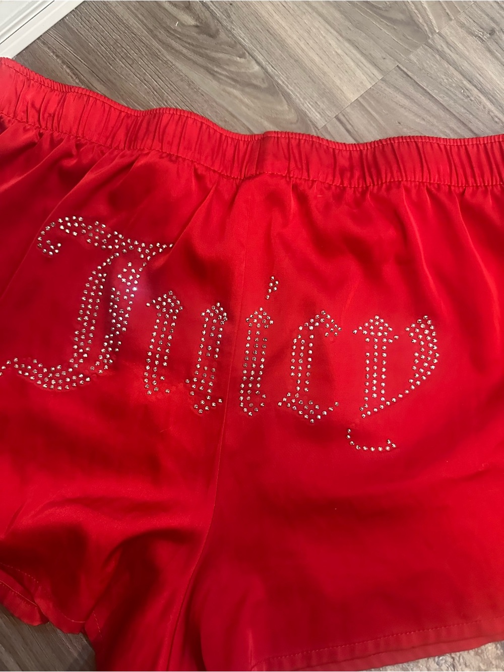 Juicy Couture Red Satin Rhinestone 'Juicy' Lounge Shorts - Picture 2 of 3